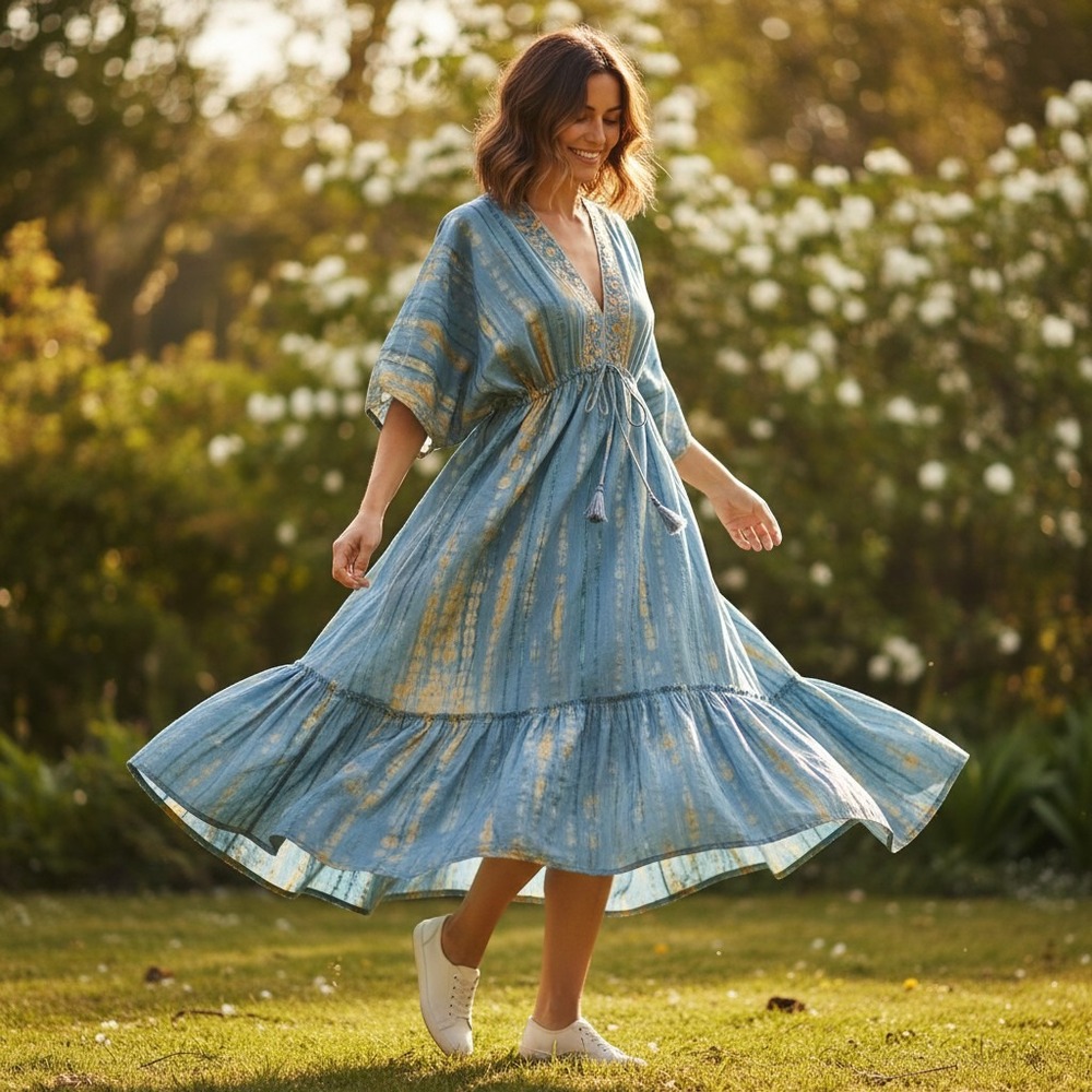 Zury Maxi Dress Women's Free Size Blue Gold Cotton Boho Kaftan Embroidered